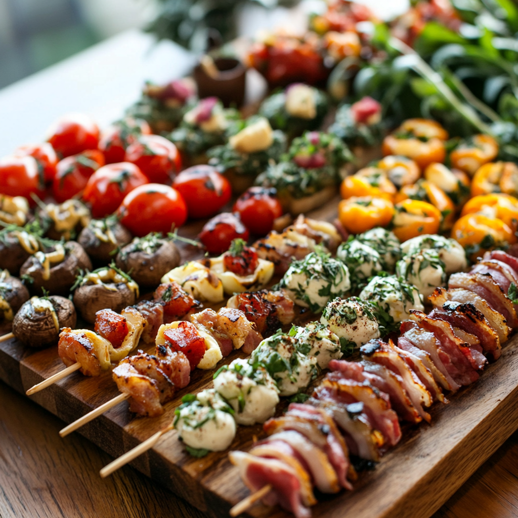 An inviting platter with an assortment of delicious bite-sized appetizers like caprese skewers, stuffed mushrooms, and bacon-wrapped dates, perfect for a small gathering.