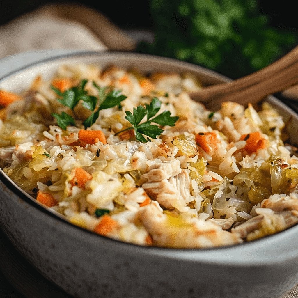 Close-up photo of a delicious homemade turkey cabbage casserole with rice served in a clean white bowl, captured with a Canon camera.
