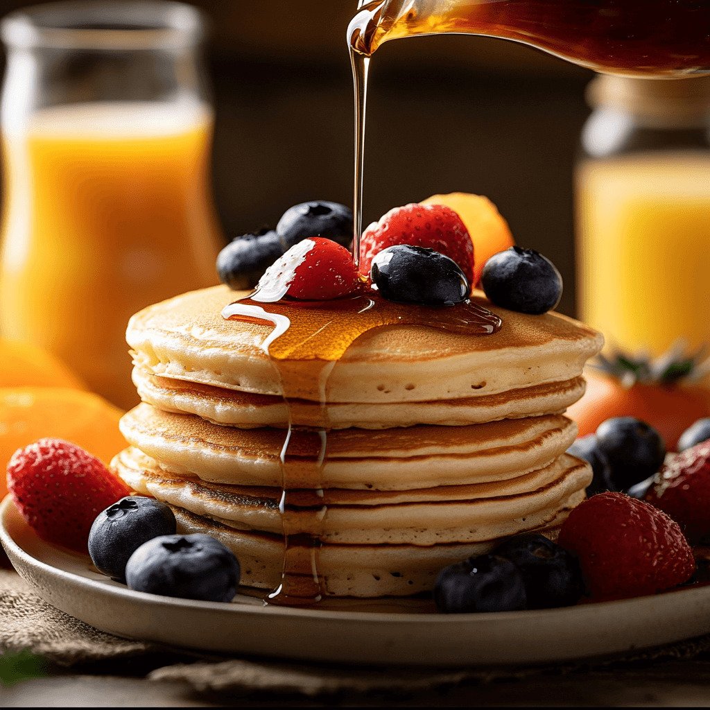 Fluffy pancakes with syrup, fresh fruit, coffee, and orange juice on a breakfast table.
