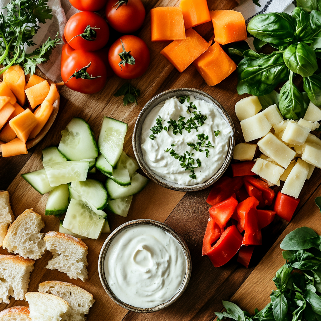 Fresh ingredients for bite-sized appetizers like vegetables, herbs, and dips, arranged on a kitchen counter.