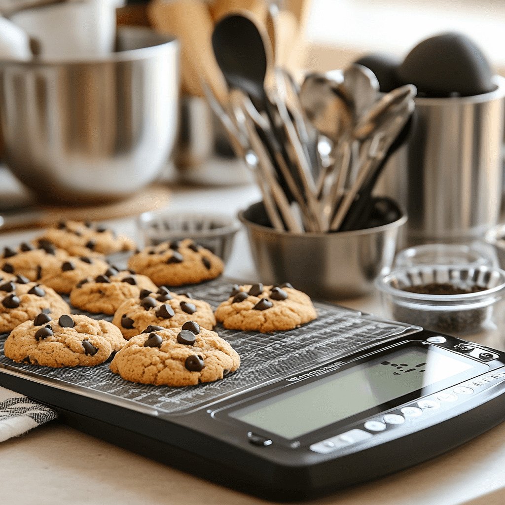 A kitchen scale displaying metric measurements with measuring cups and Disney chocolate chip cookies in the background.
