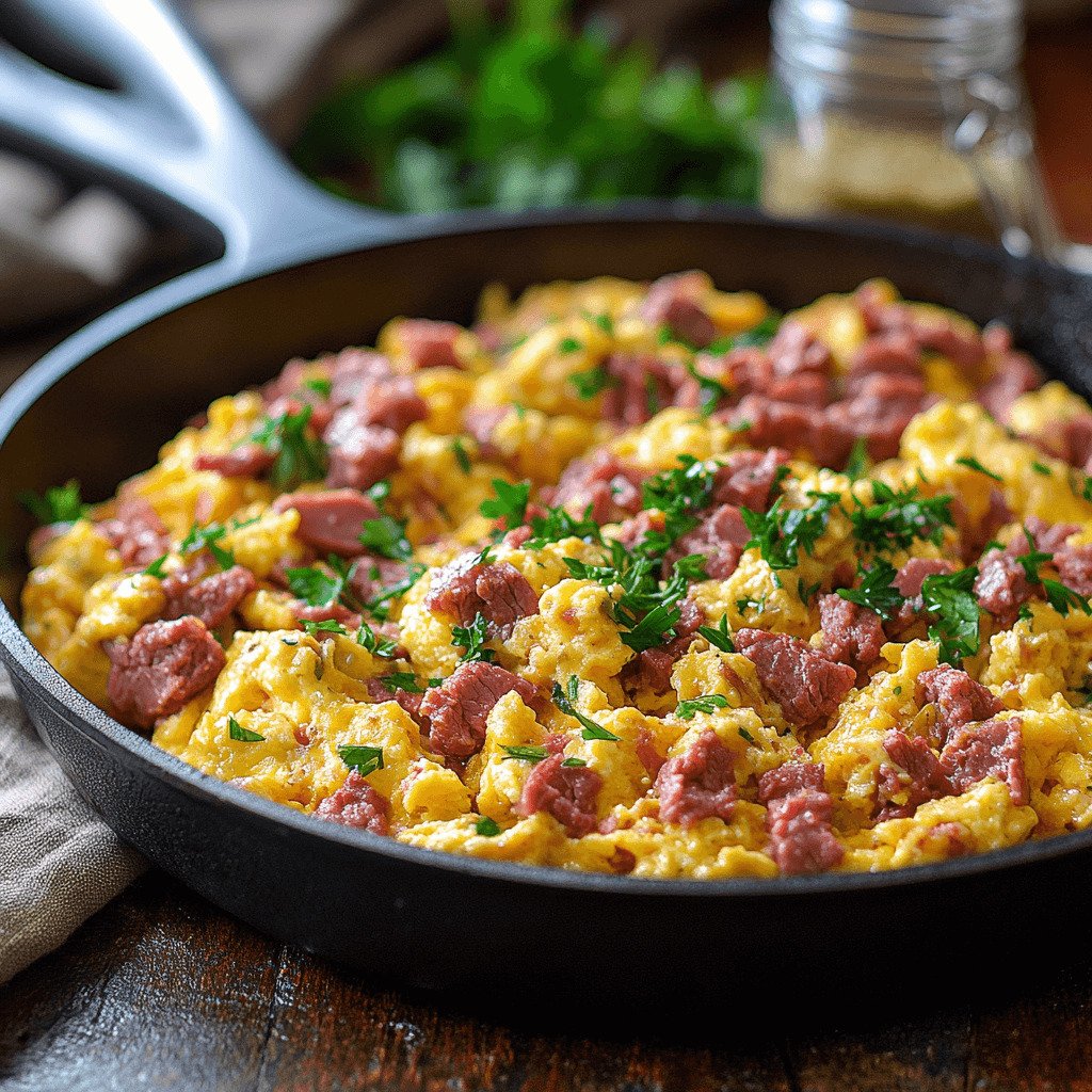 Scrambled eggs with canned corned beef, a breakfast recipe with no potatoes, garnished with fresh parsley.