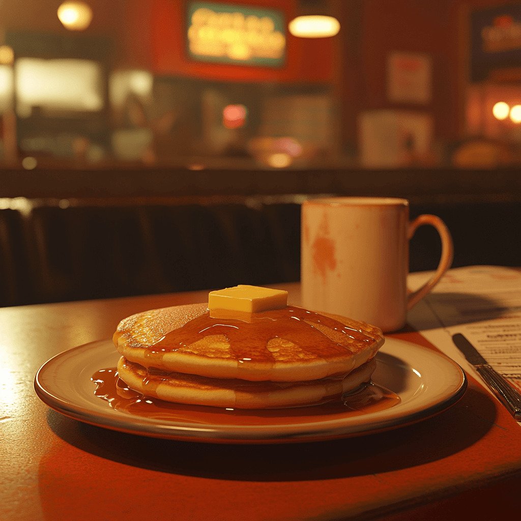 Pancake breakfast plate served in a local diner with coffee mug and menu.