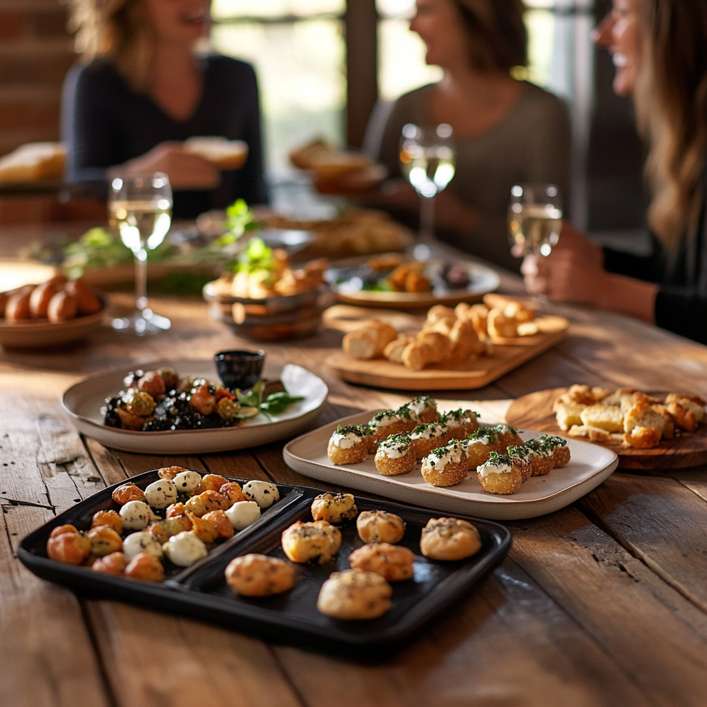 Friends enjoying a gathering with various bite-sized appetizers on display.