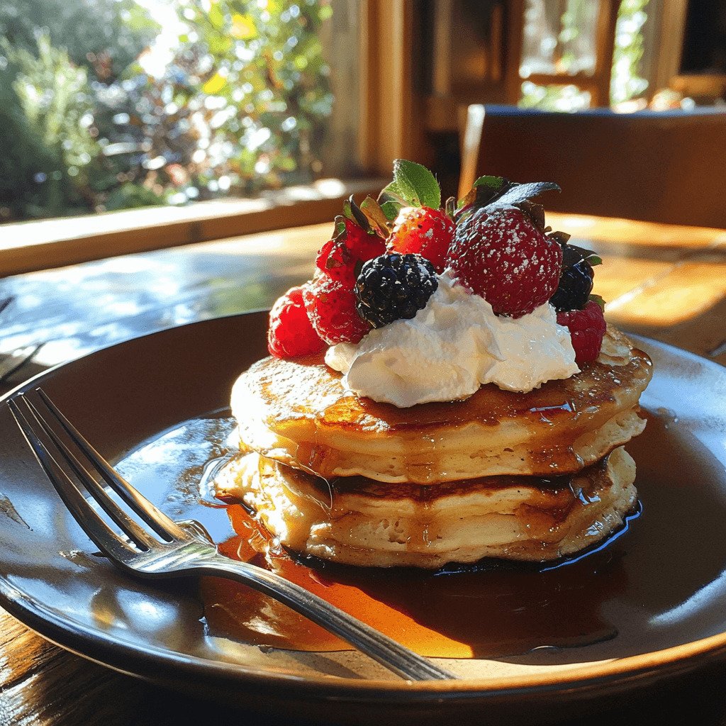 A stack of fluffy pancakes with fresh berries, whipped cream, and maple syrup on a rustic table.