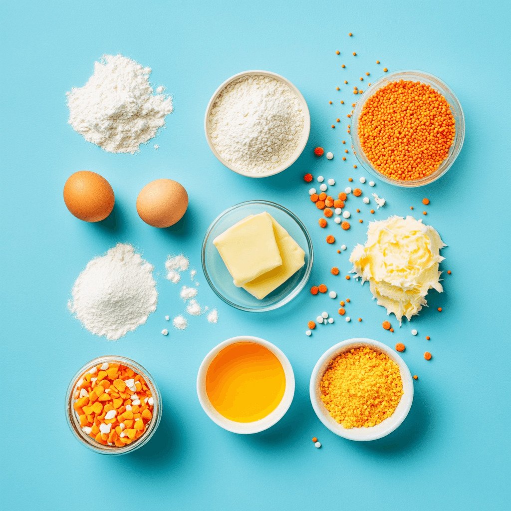 Ingredients for Lorax cookie recipe, including flour, eggs, butter, and sprinkles on a blue background.
