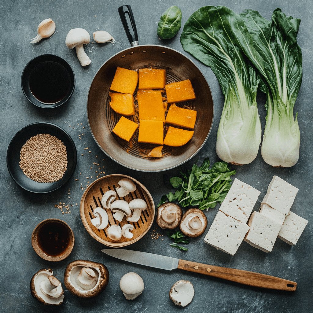 Wok, bamboo steamer, and essential vegan Chinese ingredients like kabocha squash and tofu.