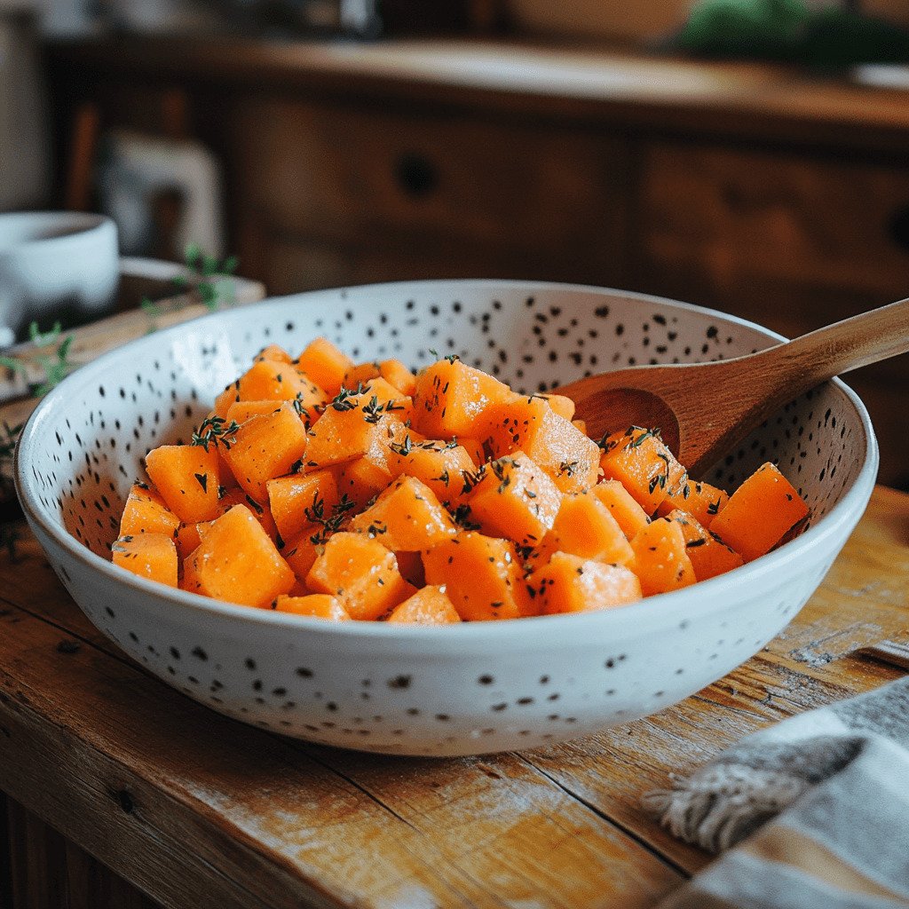 Seasoning frozen diced carrots with herbs.