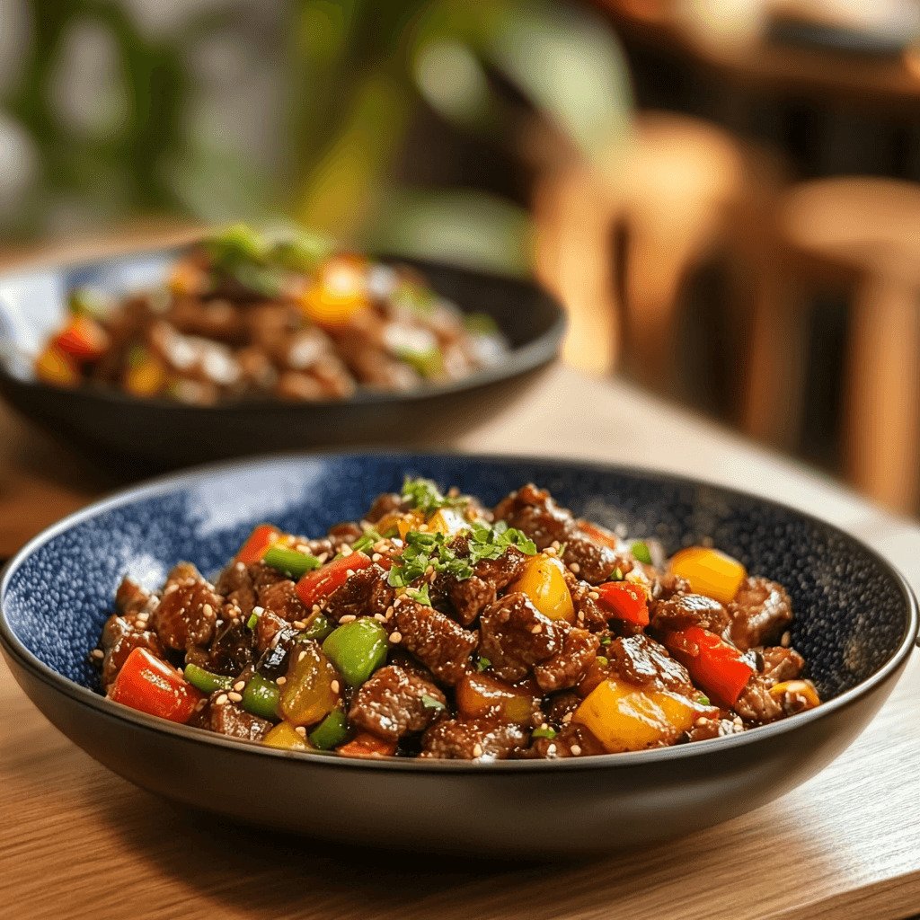 Different variations of pepper lunch, one with beef, another with chicken, and a vegetarian option with tofu, displayed casually.