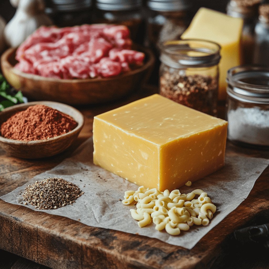 An assortment of ingredients on a wooden countertop, including ground beef, Velveeta cheese, elbow macaroni, spices, and a bowl of broth.