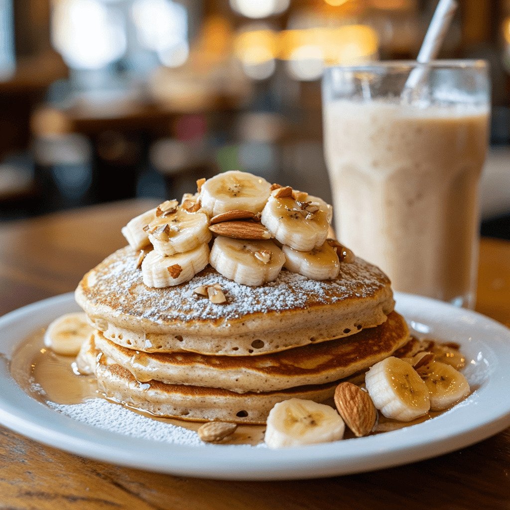 Gluten-free pancakes with bananas and almonds, smoothie on the side.