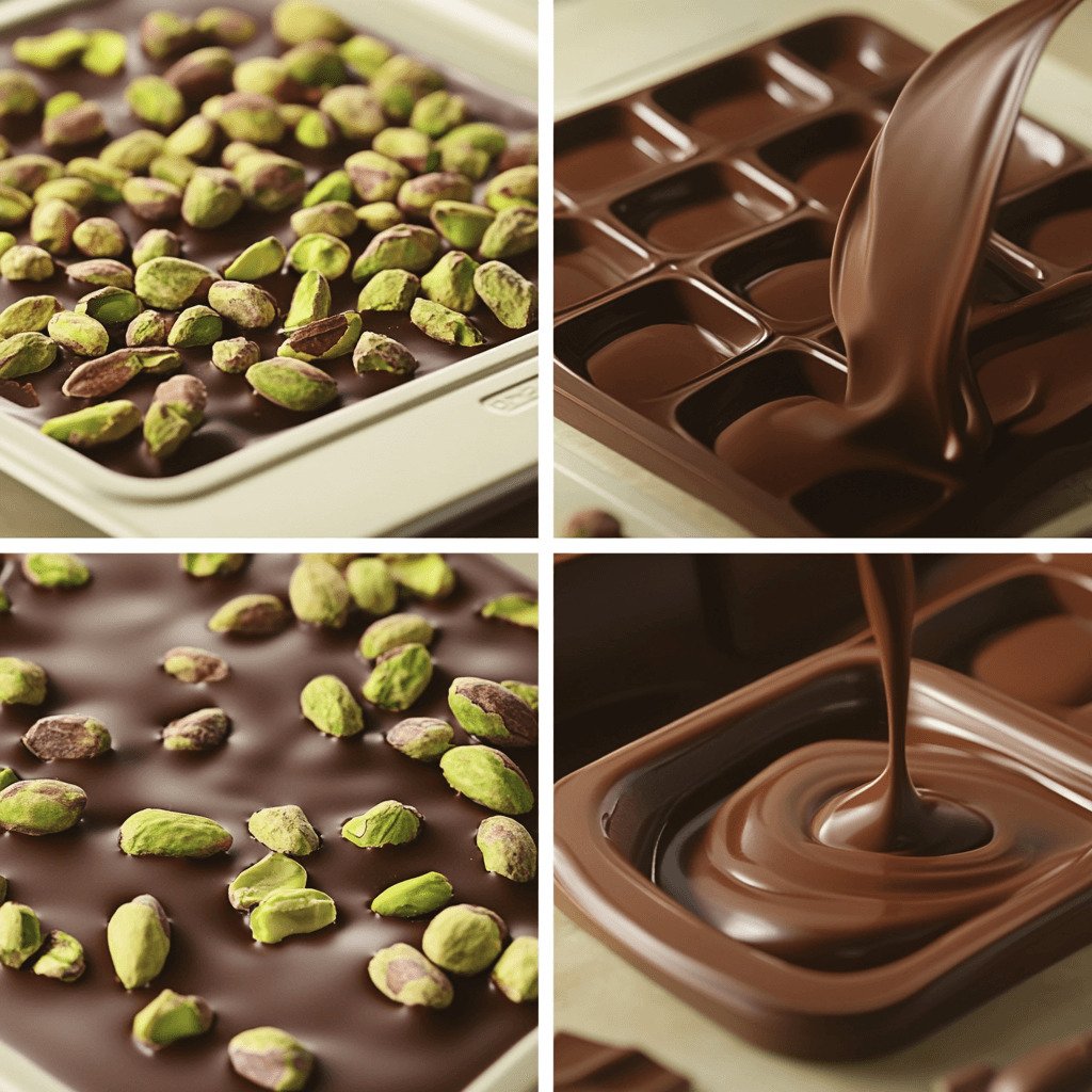 Step-by-step process of making pistachio chocolate bars, including toasting pistachios, pouring chocolate, and cooling the bars.