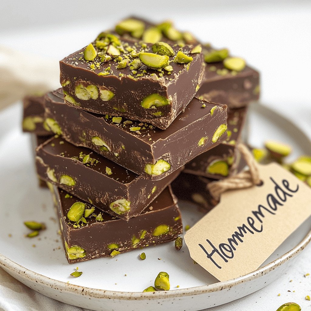 Stack of pistachio chocolate bars with pistachios layered inside, displayed on a white plate.