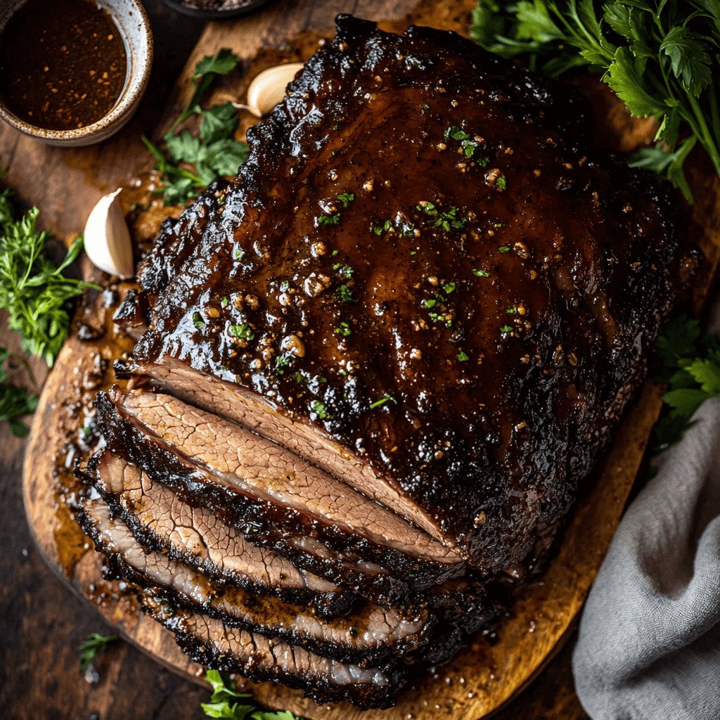 A beautifully sliced brisket with a golden-brown glaze and seasoning ingredients like beef bouillon powder, garlic, and herbs around it.