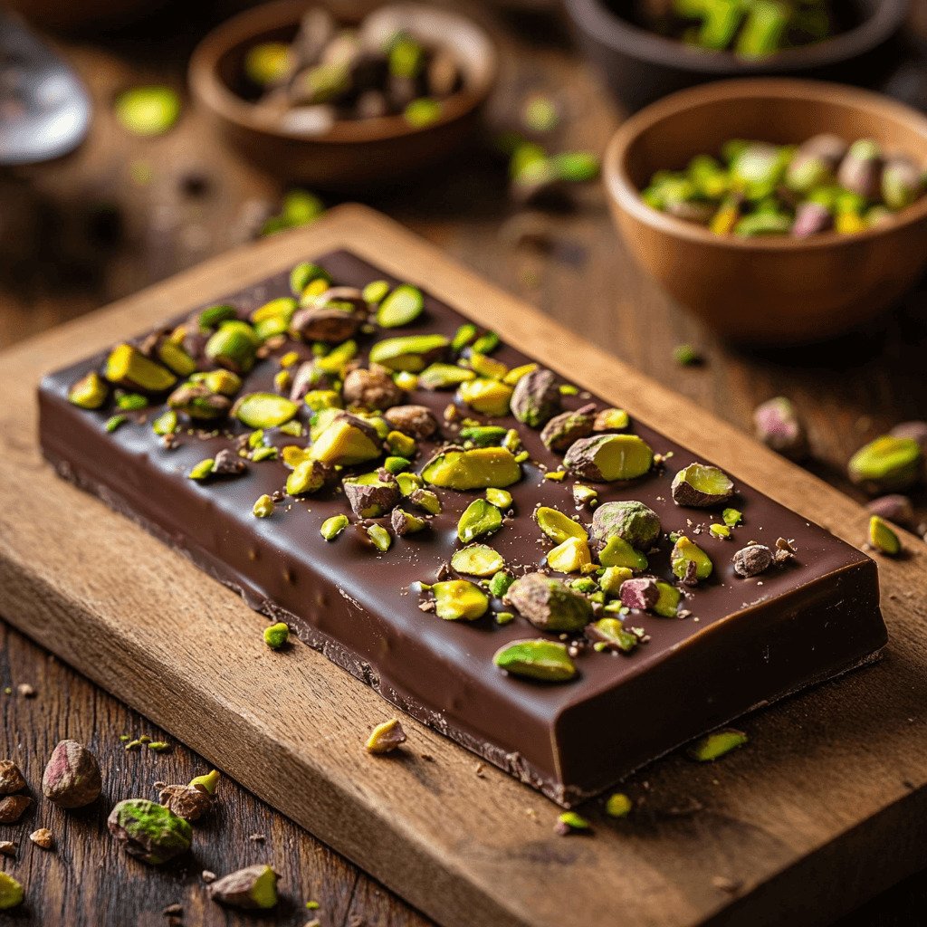 Homemade pistachio chocolate bar with glossy chocolate and pistachio toppings on a wooden cutting board.