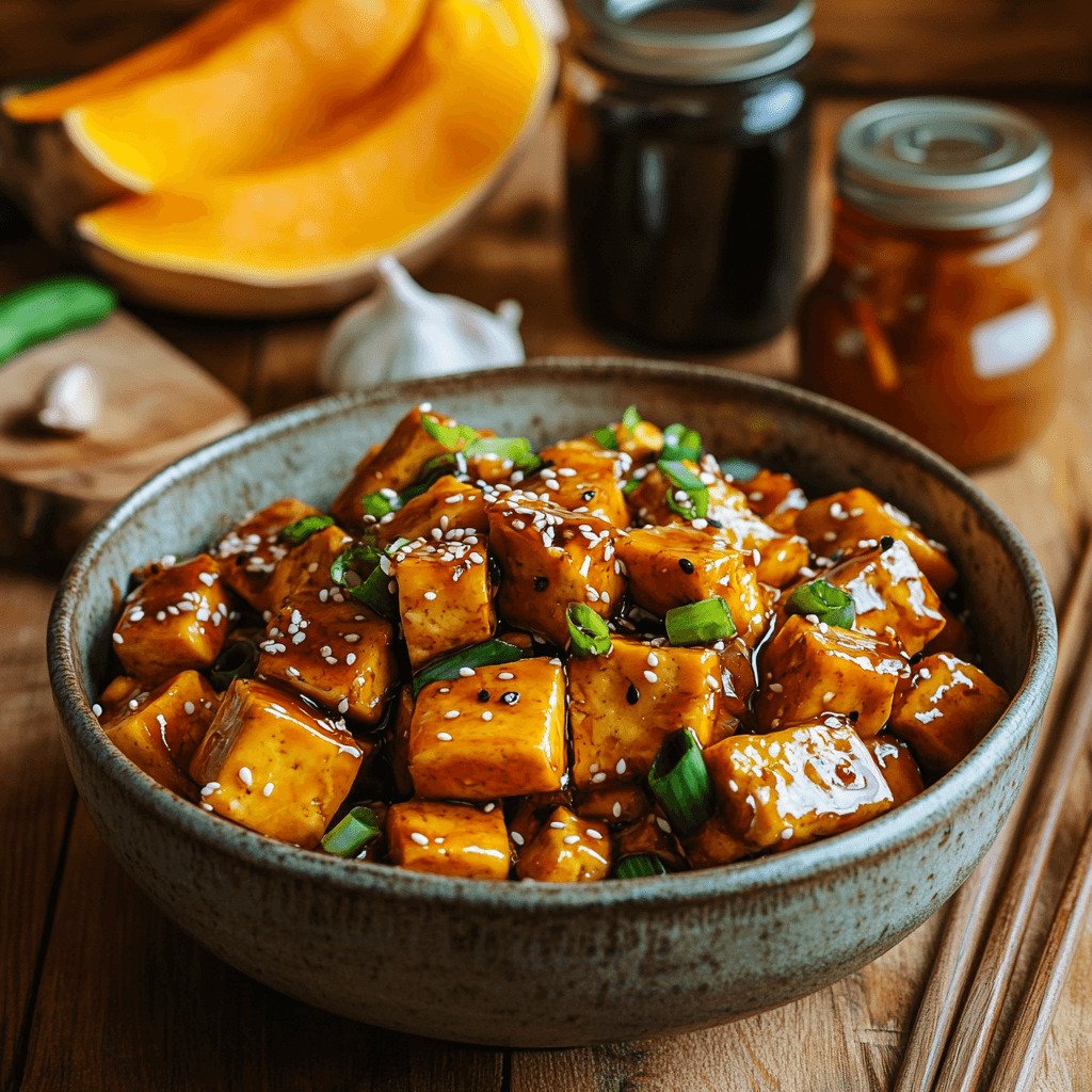 Stir-fried kabocha squash and tofu with soy glaze, garnished with sesame seeds and scallions.