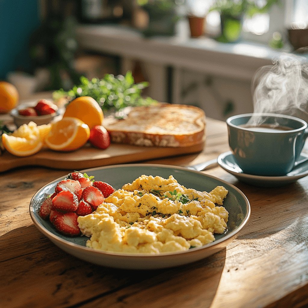 A cozy breakfast with scrambled eggs, toast, and fresh fruit on a wooden table.