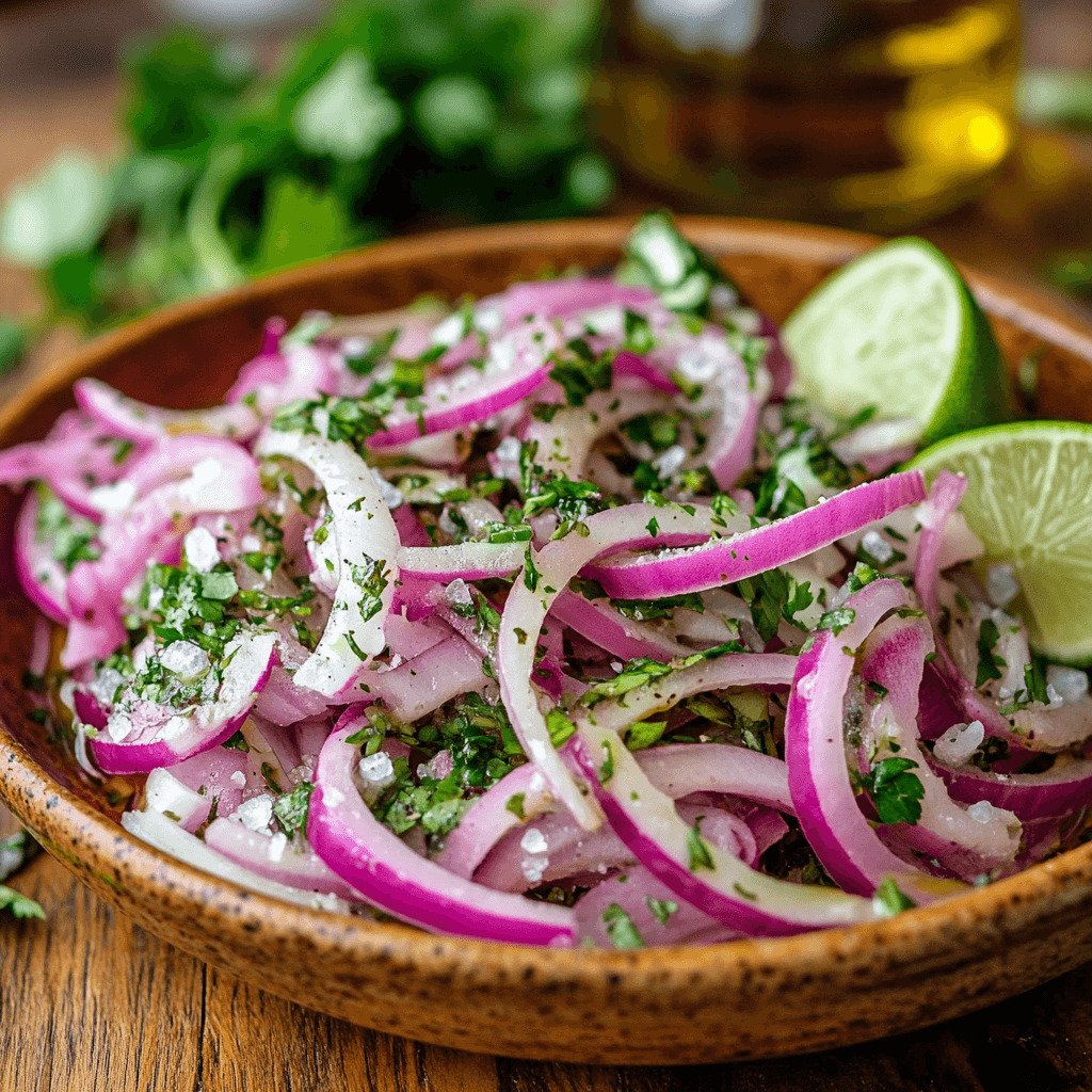 Freshly prepared cebolla ensalada in a rustic bowl with lime wedges and cilantro.