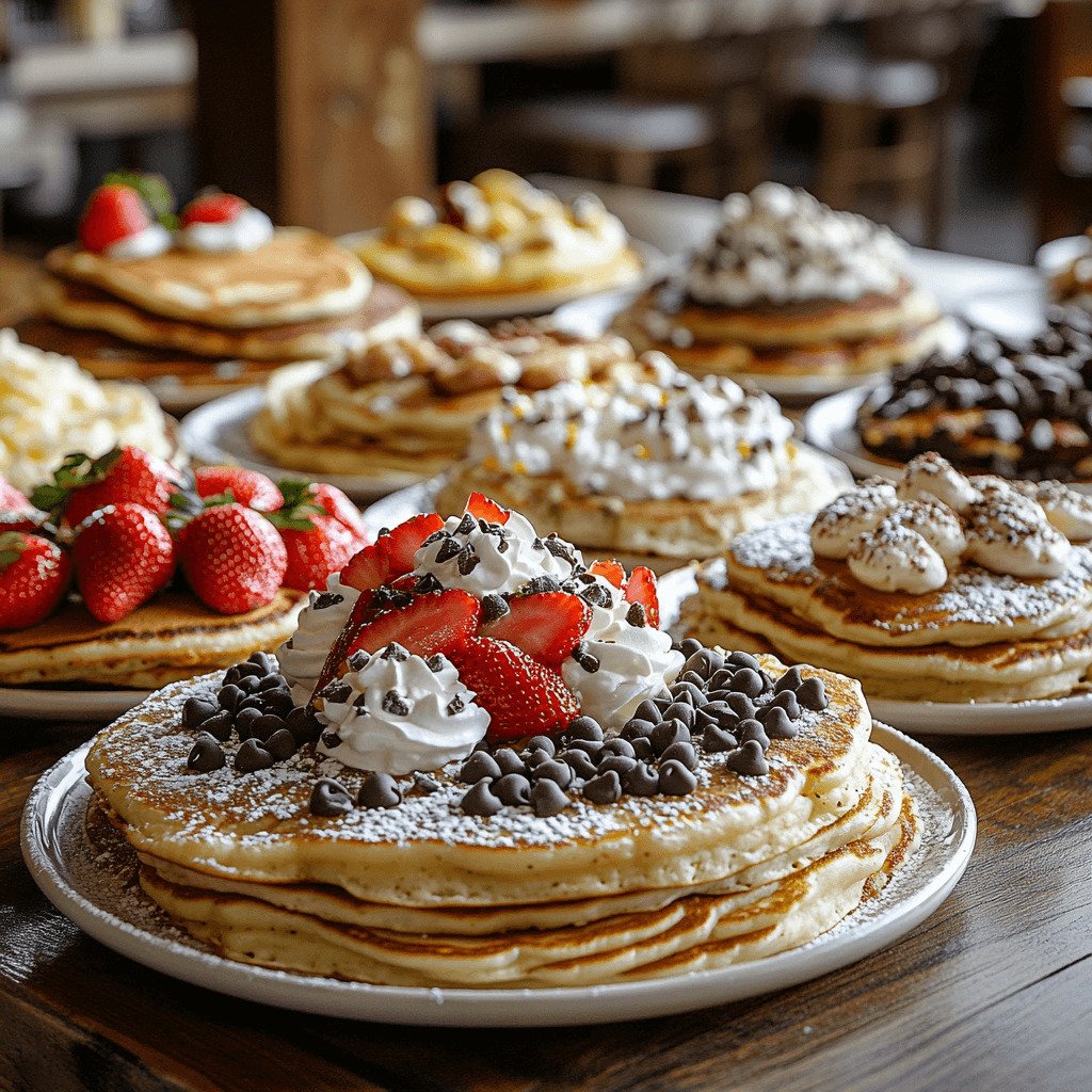 An assortment of pancake varieties with toppings like strawberries and chocolate chips.