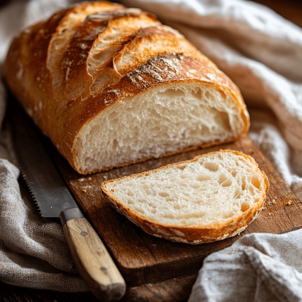 Freshly baked loaf of white bread with a soft, fluffy interior, partially covered by a linen cloth.