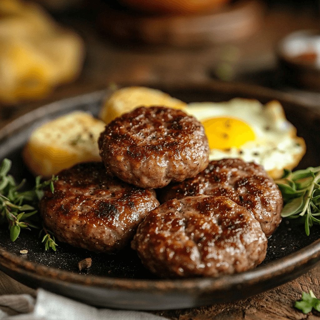 Delicious homemade beef breakfast sausage served with eggs and toast on a rustic wooden table.