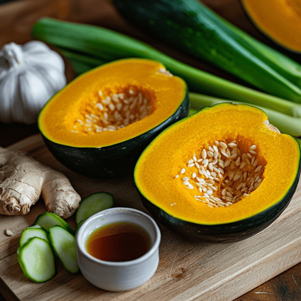 Halved kabocha squash with fresh ginger, garlic, and scallions on a cutting board.