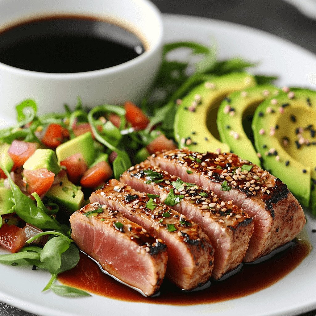Golden-crusted seared ahi tuna served with a vibrant avocado salad and soy-ginger dipping sauce.