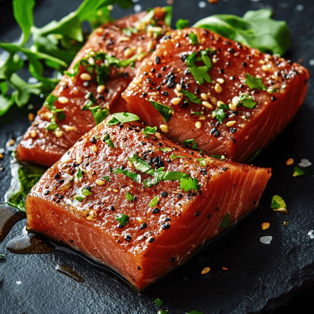 Fresh ahi tuna steaks with simple seasonings like soy sauce, sesame oil, and garlic, ready for cooking.
