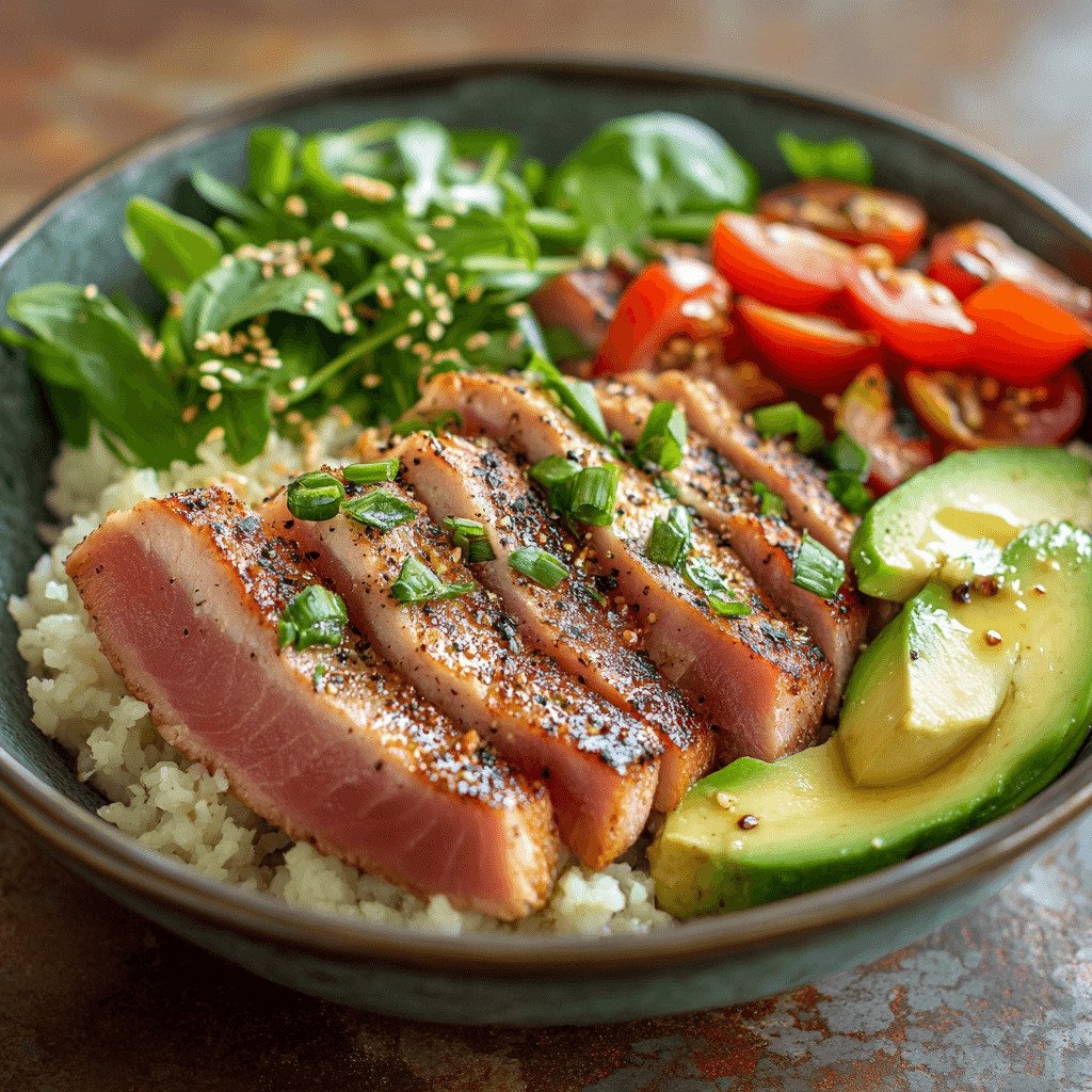Seared ahi tuna steak on a plate with fresh avocado salad, perfect for quick meals.