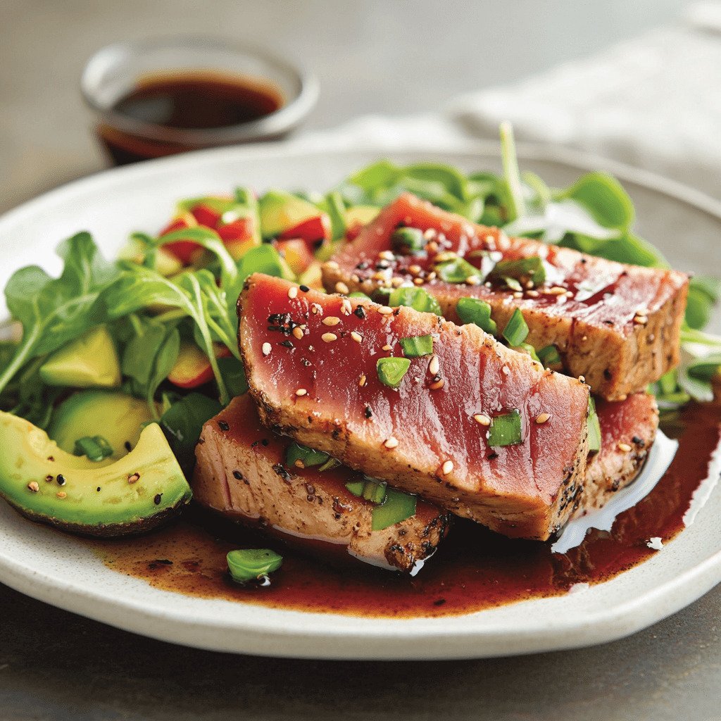 Seared ahi tuna served with fresh avocado salad and soy-ginger sauce, an elegant and quick meal.