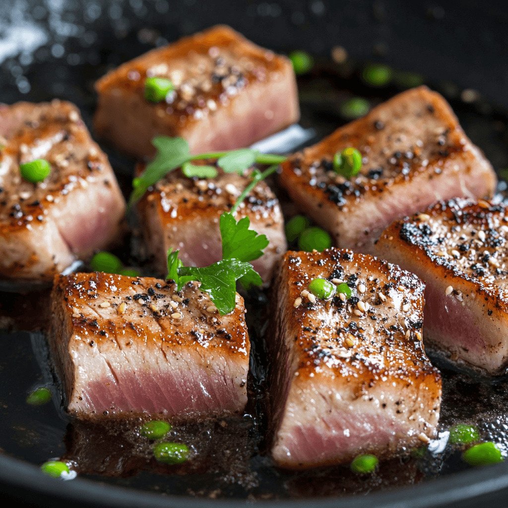 A step-by-step visual of preparing and searing ahi tuna, from cutting to plating.