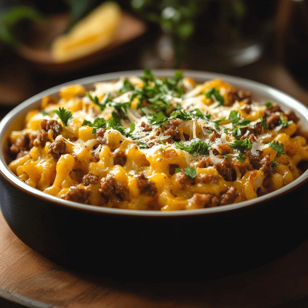 A bowl of pasta topped with ground beef, melted cheese, and fresh herbs, placed on a wooden surface.