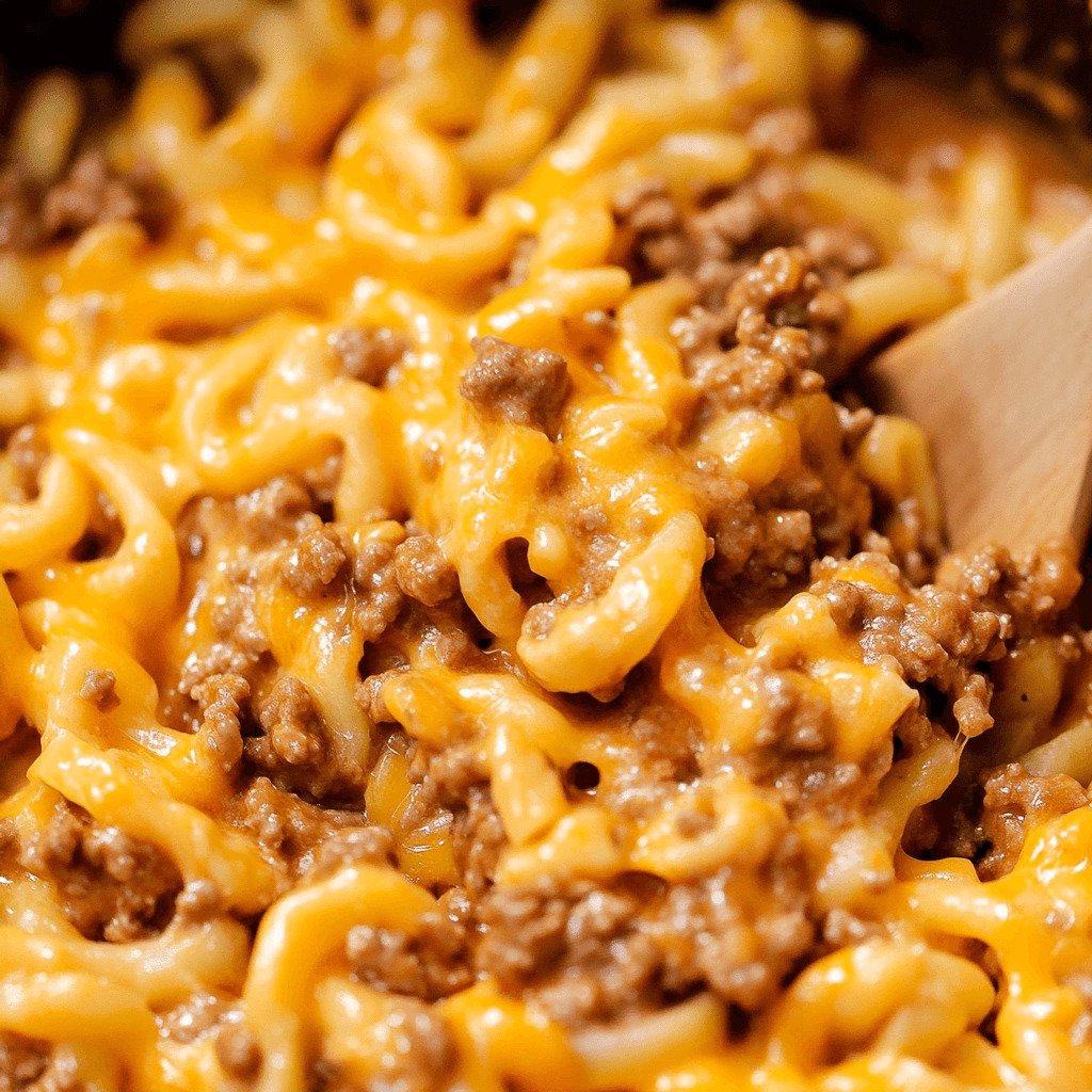 Close-up of macaroni noodles mixed with ground beef and melted cheese, with a wooden spoon partially visible.